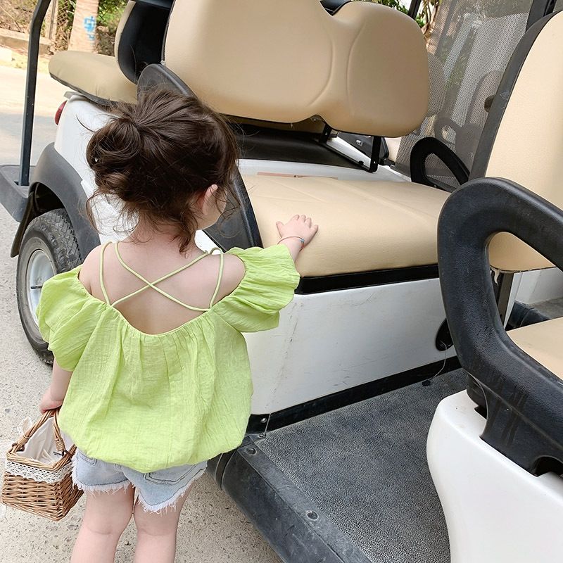 Summer new girls' sexy off shoulder top Korean fashion children's short sleeve shirt children's off back shirt