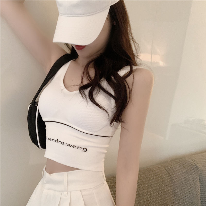 Summer wear beautiful back letter sports vest, slim inside with small sling top, sleeveless short bottomed shirt women's wear