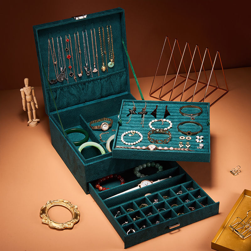 Large capacity jewelry storage box multi-function household earrings with lock jewelry box multi-layer girl heart jewelry box