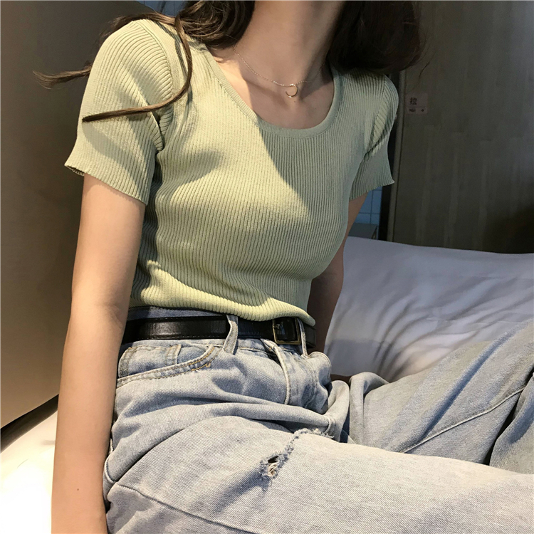 Real price real shot Korean version slim inside with knitted short sleeve women's loose and simple base coat