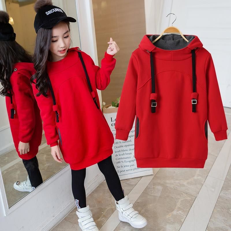 Girls' hooded Pullover Sweater mid long 2020 new online Red Korean fashion children's autumn and winter clothes