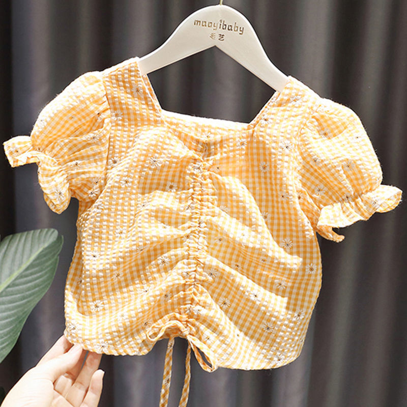 1-5-year-old girl's T-shirt short sleeve foreign style shirt children's top summer thin girl's Daisy Plaid Shirt
