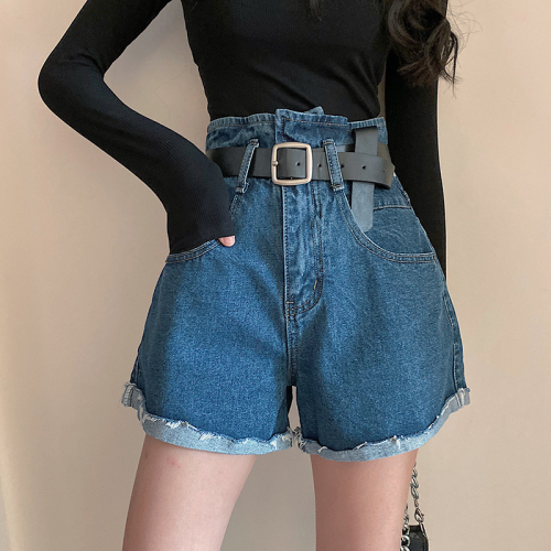 Real photo real price new Korean curled wide leg high waist short slim and hip lifting jeans