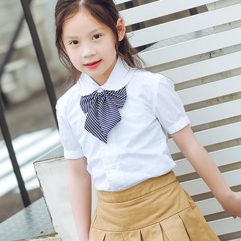 Girls' short sleeve shirt white cotton round neck summer middle school students' school uniform performance dress children's white shirt