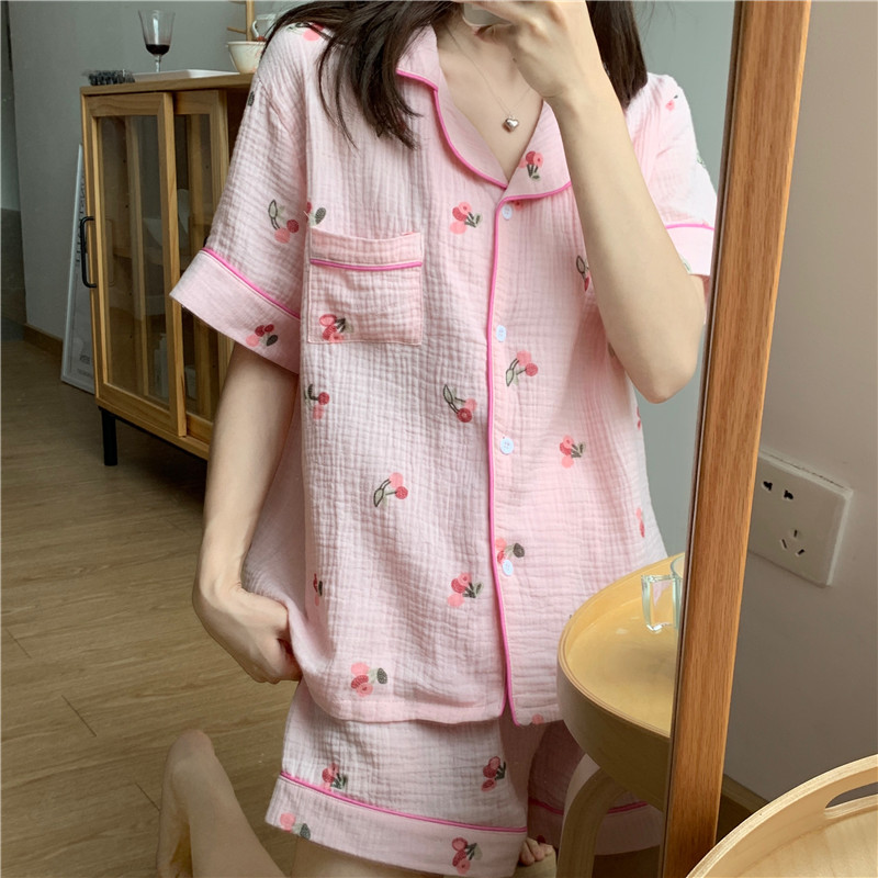 Real price cotton double yarn sweet love rimmed home clothes pajamas short sleeve shorts suit