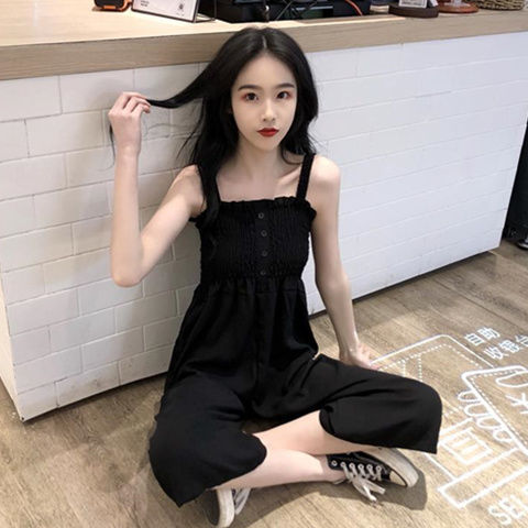Summer Korean version of INS loose wooden ear edge bra show slim slim slim slim fit sleeveless suspender wide leg Jumpsuit girl student trend