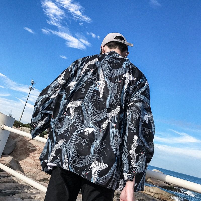 Ins super fire cartoon jacket men's 7-sleeve Tang kimono harasufeng loose thin half sleeve shirt Daopao