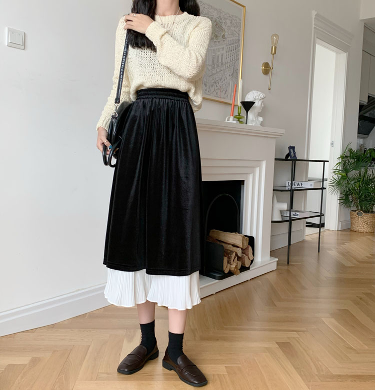 Real price new Korean velvet splicing A-shaped skirt medium long fashion high waist pleated skirt