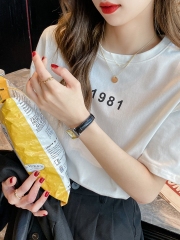 Double milled short sleeve T-shirt women's new year printed letter solid bottom top with loose white top