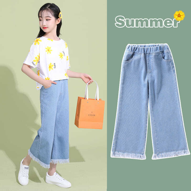Girls' jeans Capris summer thin children's wear medium and big children's Pants Girls' foreign style Korean loose wide leg pants