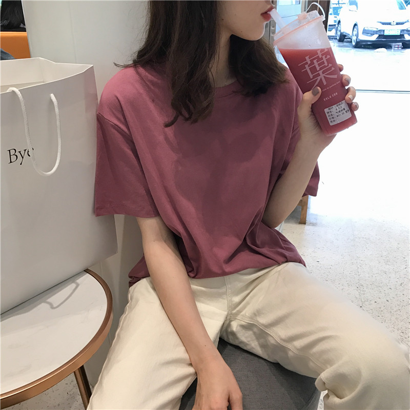 Real shot real price Korean white series knock Korean Pullover round neck loose simple versatile solid color short sleeve T-shirt