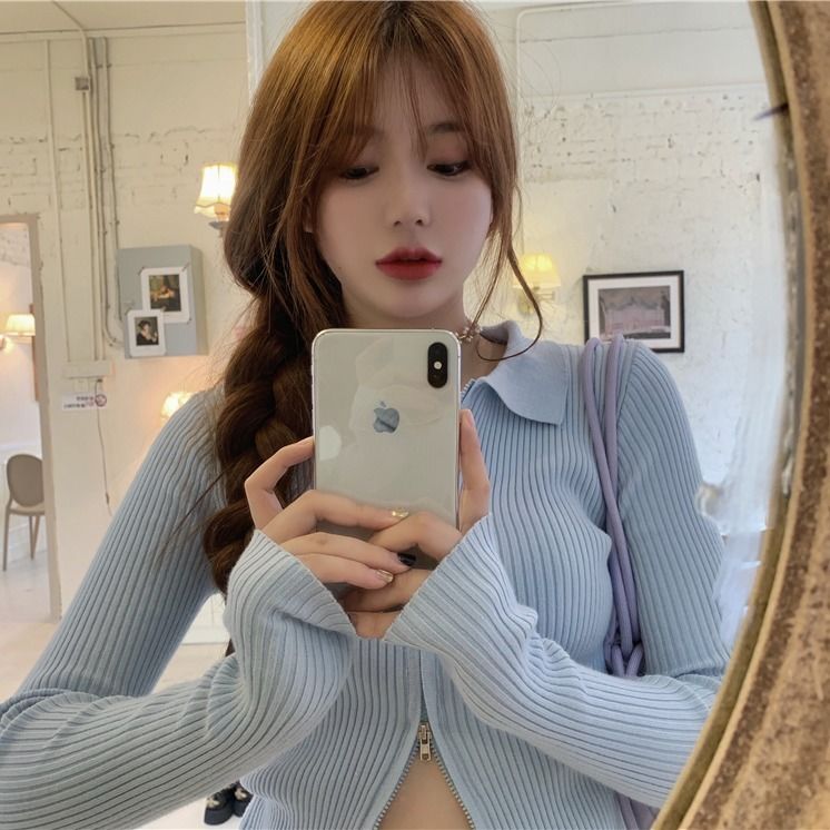 Spring and autumn Korean fashion women's sexy double zipper Lapel sunscreen slim short sleeve cardigan jacket
