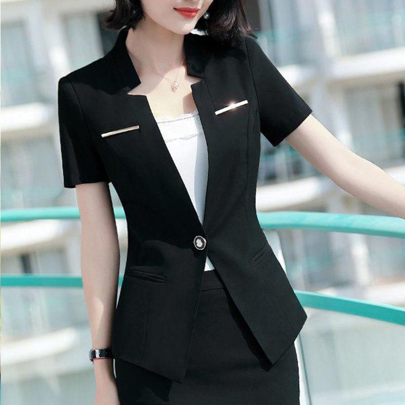 New solid color summer professional suit women's short sleeve suit fashion hotel beauty salon work dress slim fit skirt