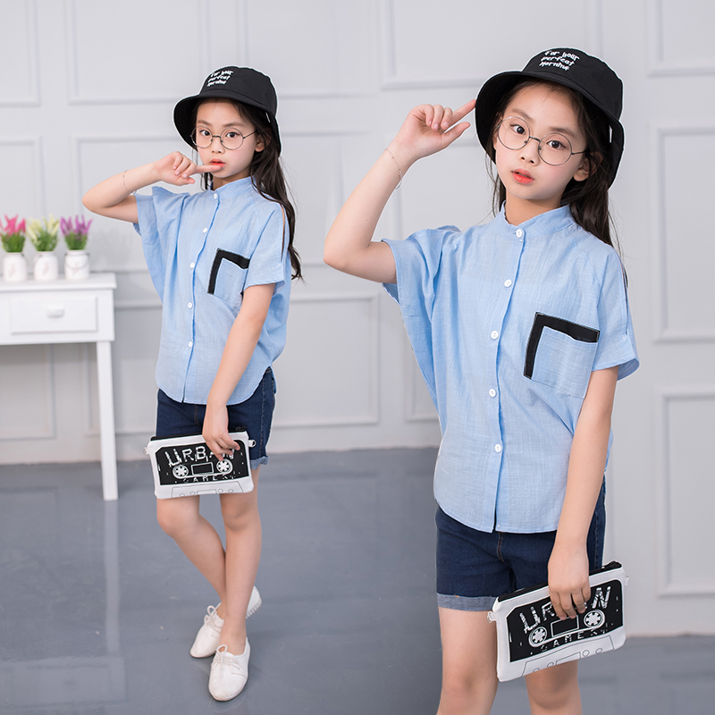 Children's clothing girls' short sleeve cotton shirt middle school students' batshirt students' shirt 130-170
