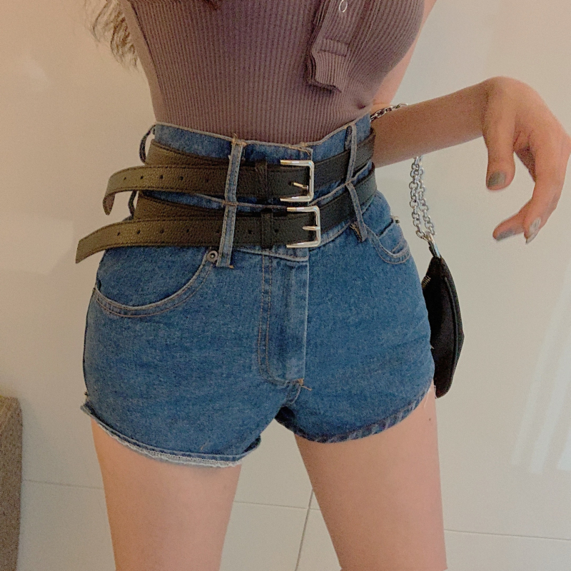Real photo real price Hong Kong style retro fashionable double belt shorts with high waist loose wide leg pants hot pants