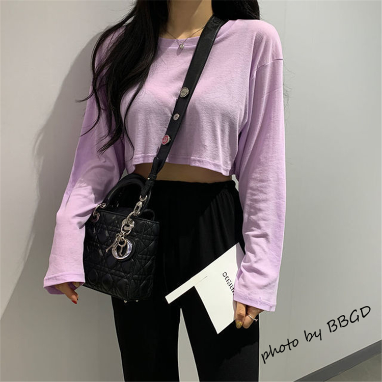 Long sleeve T-shirt women 2020 new Korean version ins fashion students navel exposed short loose top 6535 cotton
