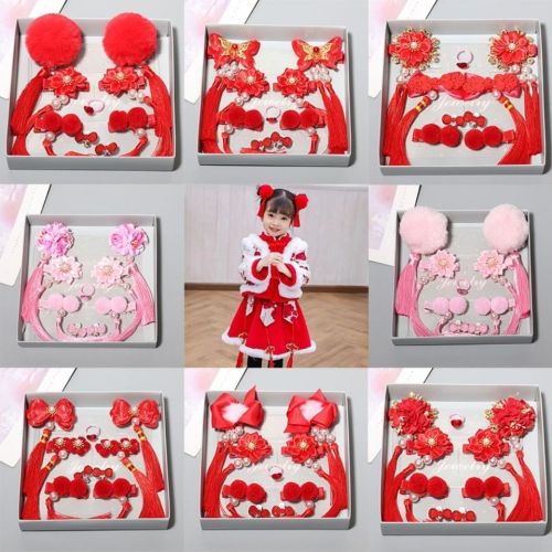 Children's hairpin antique hair ornament Chinese headdress girl baby cute new year red hair ball tassel hairpin