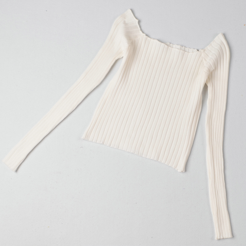 Real shot new type of wooden ear edge slim fit, one shoulder open navel short knitted long sleeve top women fashion