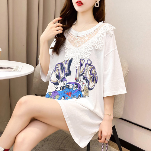 Real shot summer new large size loose cut out lace short sleeve T-shirt