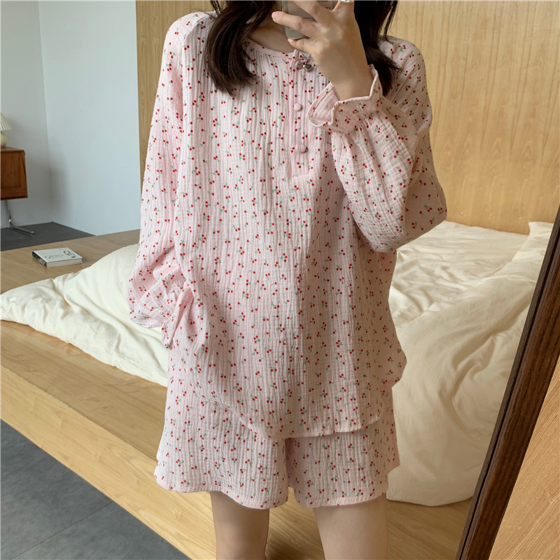 Real price Korean version small fresh cotton double yarn cherry girls' pajamas suit