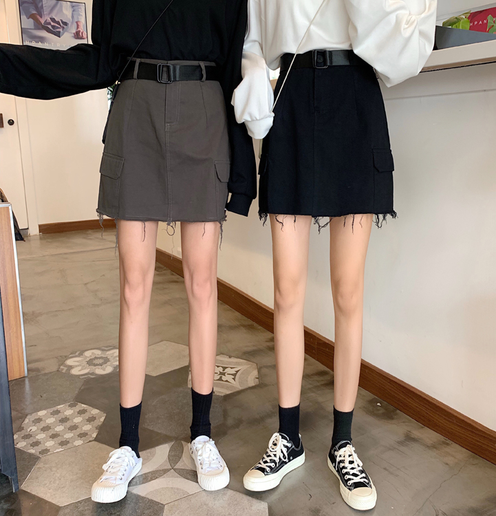 Real price photo ~ 2020 summer Korean version of Hong Kong flavor ins high waist double pocket tooling short skirt women's fringed skirt