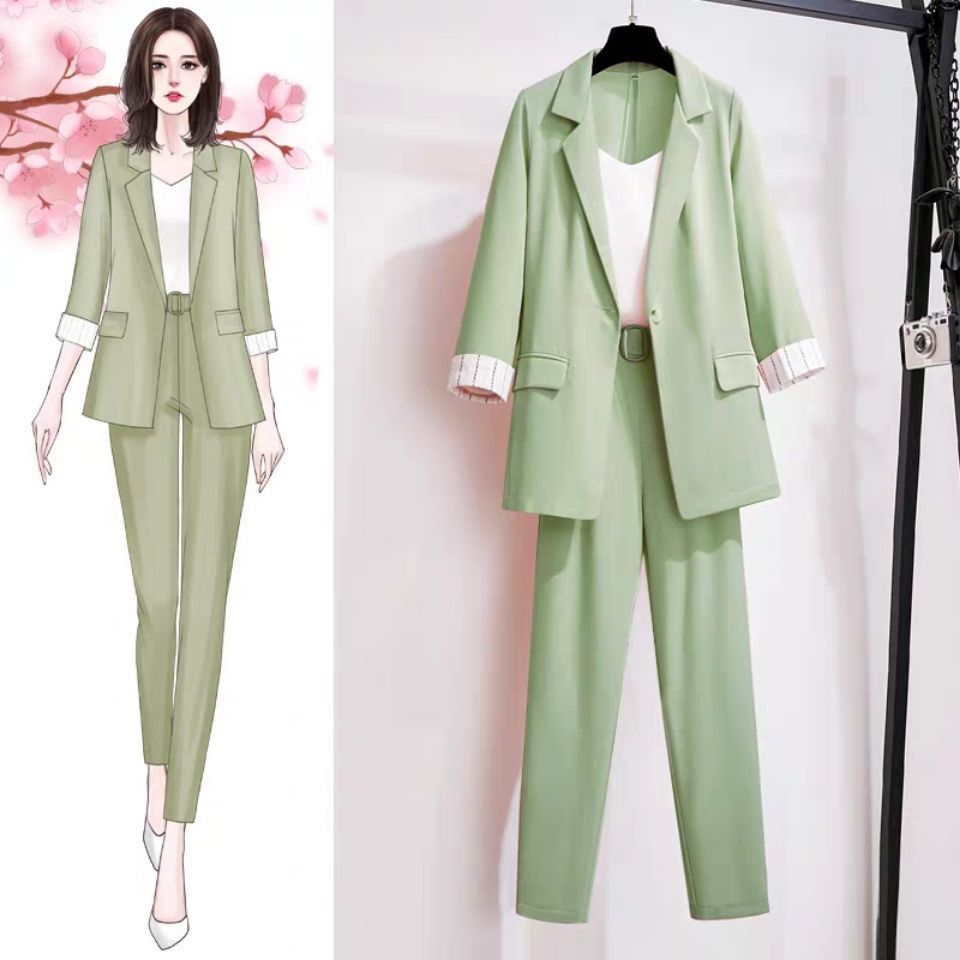 Large size women's dress 200 Jin fat sister autumn new suit women's foreign style small suit coat casual pants two piece set