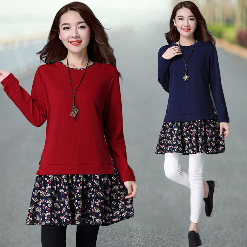 Thickened new spring and autumn large broken flower fake two-piece top medium and long bottomed top stitched to cover the belly dress fashion