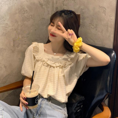 Design of new Korean version of minority Plaid short sleeve shirt women's summer shirt