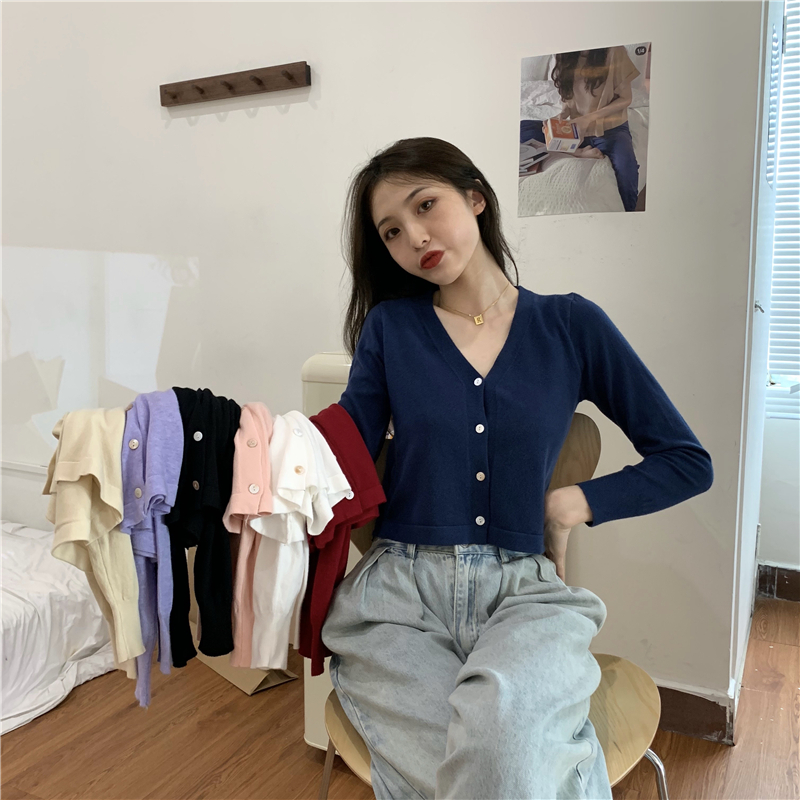 Real price Korean V-neck versatile long sleeve slim short knitted cardigan thin coat