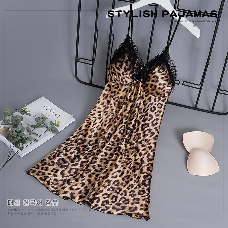 Leopard print seductive sexy suspender skirt women's summer ice silk nightdress with bra pajamas gathered lace short skirt plus size