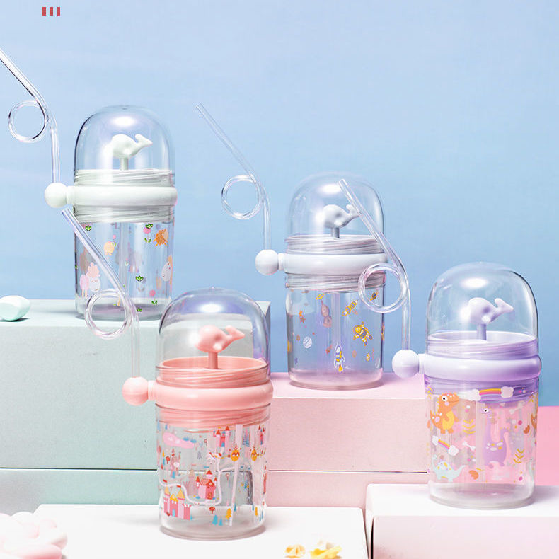 Net red whale straw cup portable outdoor children's plastic cup toy cup drop resistant water spray cup strap water suction cup