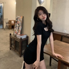 Real price dress black green waist slim elastic design small bag hip skirt