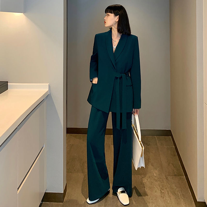 Net red suit suit large size women's suit autumn new age reducing foreign style thin lace up suit wide leg pants suit