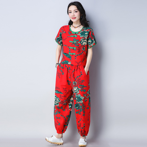 Summer loose national style jacket casual suit large women's wide leg pants two piece suit for middle-aged and old mothers