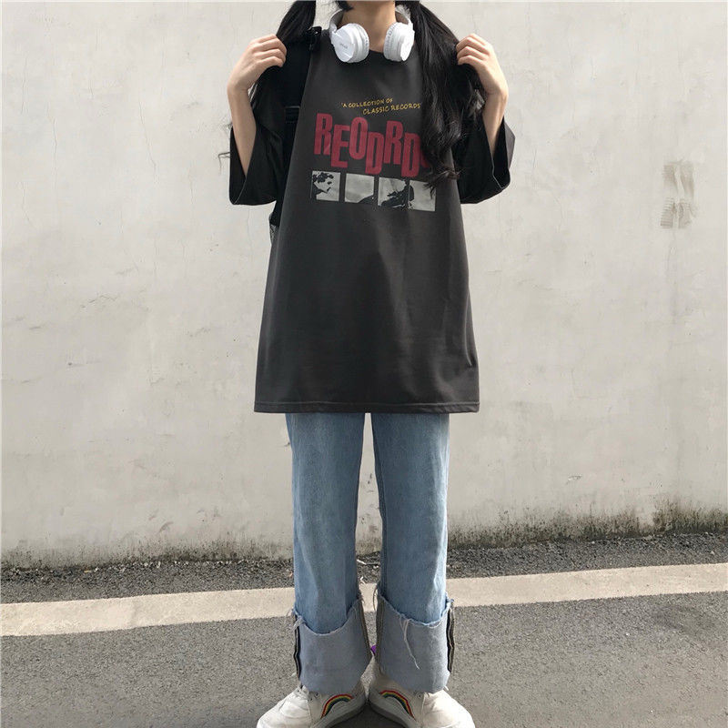 Cool style women's clothing dark Department cool personality Street retro student loose BF short sleeve bottomed T-shirt