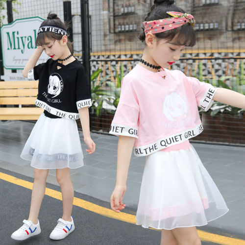 100% cotton girls' summer suit Korean fashionable foreign style summer net red children's skirt two piece set of children's wear