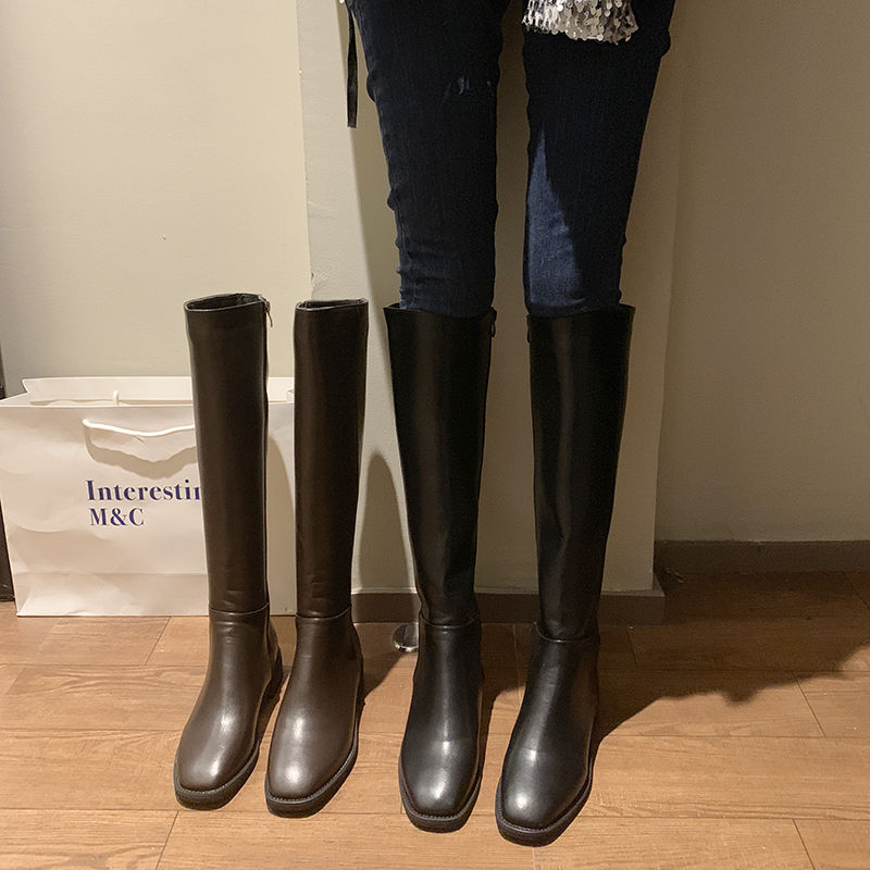 Net Red Knight boots women's slim boots autumn and winter new high tube Plush women's boots leather boots thick heel long tube cotton boots
