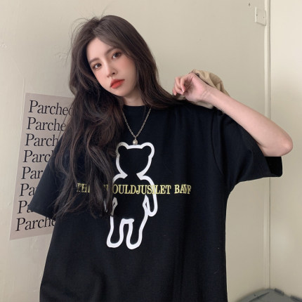 Black bear short sleeve T-shirt women's summer 2021 new loose Korean version of Harajuku