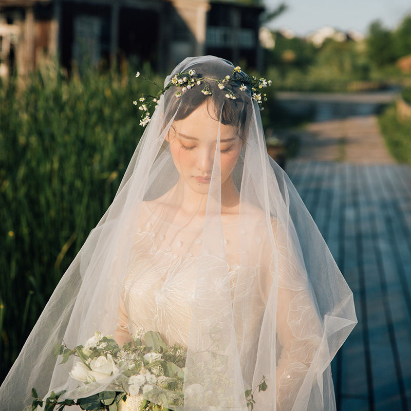 New bridal headdress long Mori simple net red photo prop super fairy wedding headdress soft gauze plain gauze