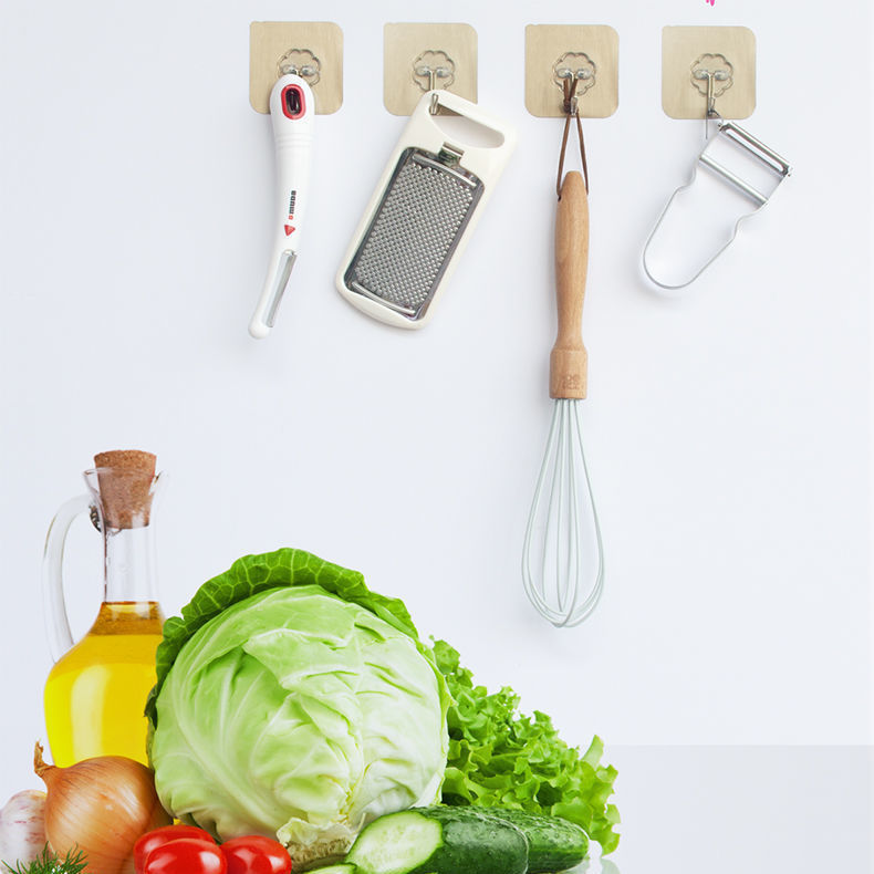 The hook is pasted on the wall of kitchen and toilet without punching and without mark. The hook is not rusty. The hook is pasted behind the door