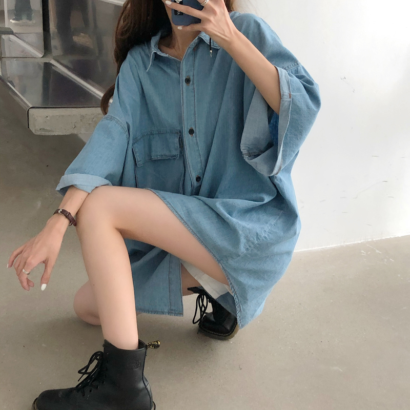 Women's medium length Vintage Hong Kong Style loose front short back long short sleeve jacket