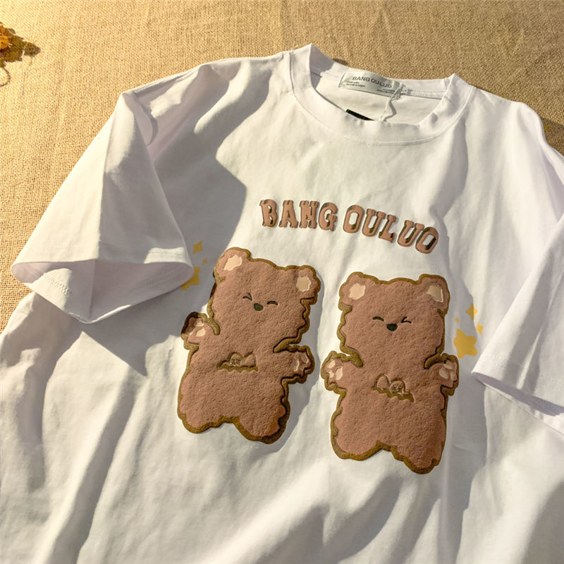 Super pop bear print crew neck casual T-shirt
