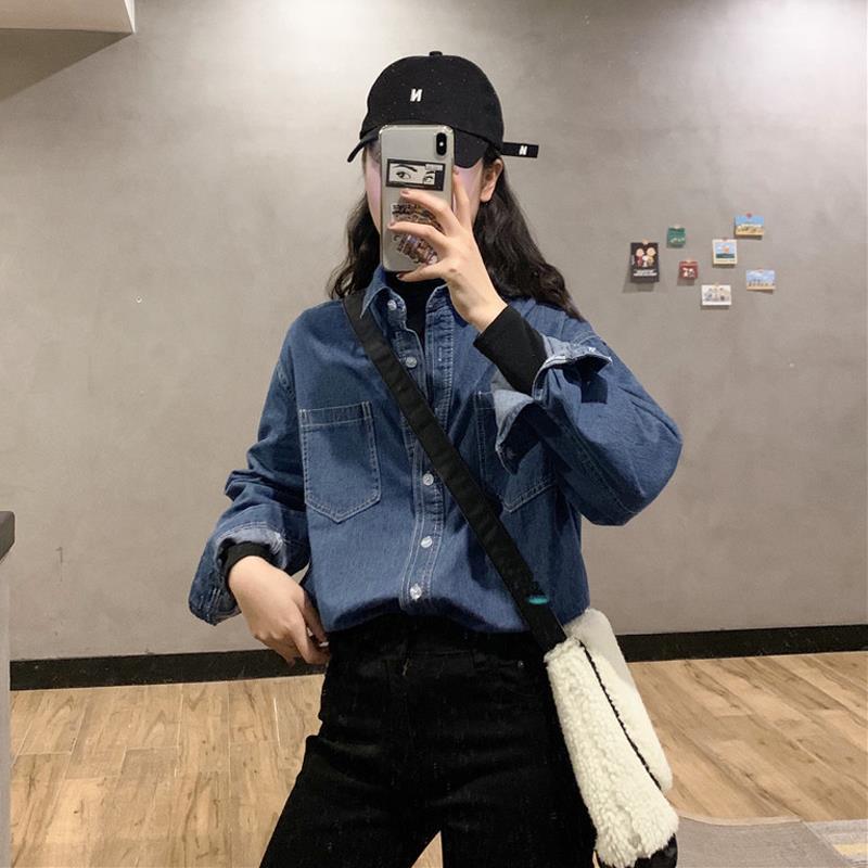 Spring and autumn 2020 new BF style loose medium length ins super fire retro Lapel long sleeve denim shirt fashion