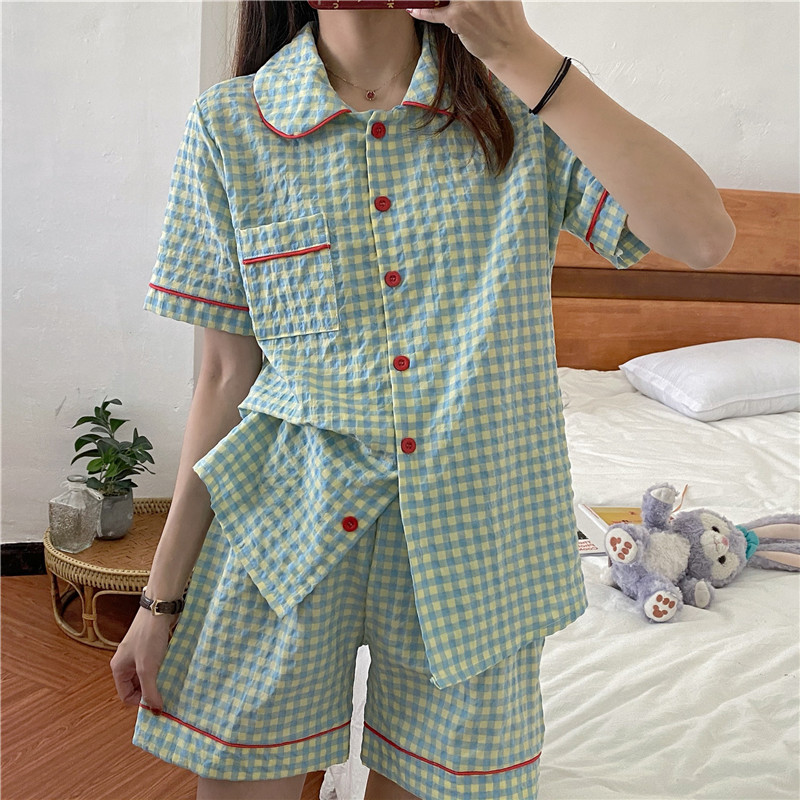 Real price 2021 new summer Korean version lovely Plaid Summer coat pajamas home clothes two piece set fashion
