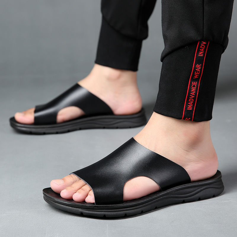 Men's leather slippers summer non slip thick soled outdoor casual flip flop breathable cowhide Sandal