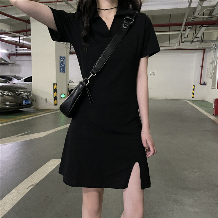 Real price real shot campus spice girl dress women's black split little polo collar Hepburn little black dress