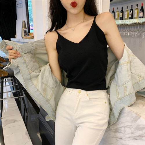 Real photo real price spring Korean version collar knitting suspender vest versatile thin bottomed top female