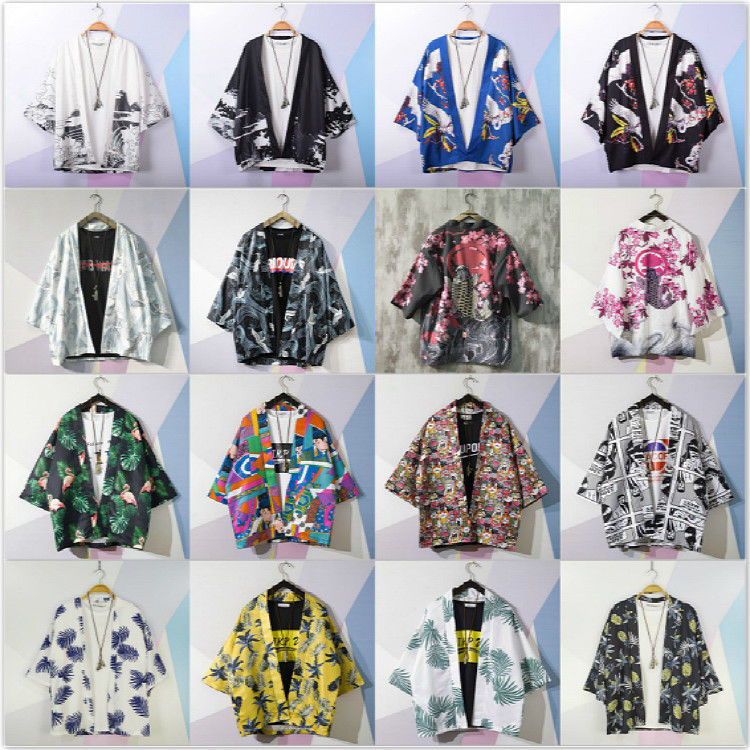 Retro loose thin 7 / 6 sleeve shirt men's and women's net red handsome airway robe coat couple student fat sunscreen clothes