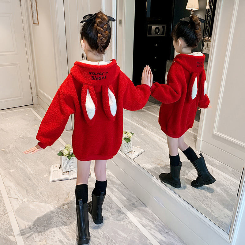 Girls' Plush sweater western style autumn and winter clothes girls' warm fashion Hoodie thickened children's medium length sweater