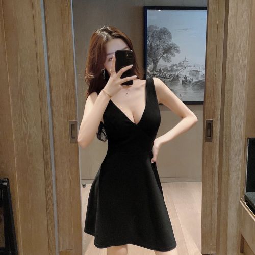 Real shot new sexy deep V sleeveless vest skirt open chest big swing simple dress